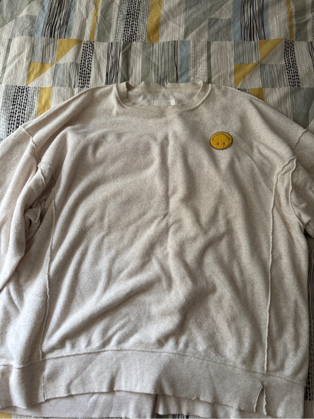aerie Cream Crewneck Sweatshirt with Yellow Smiley Patch